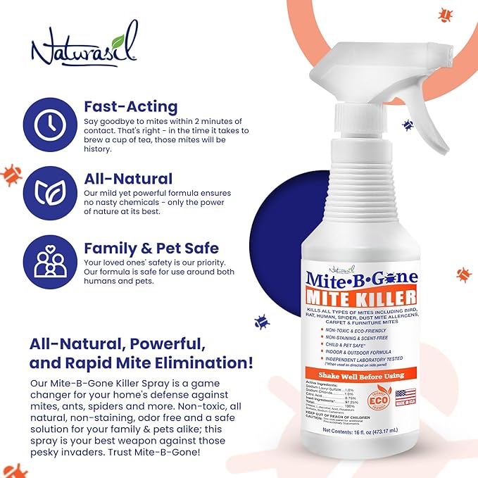Mite Killer Spray by Mite-B-Gone — Kills Human Mites, Bird, Dust, Spider, Rat, Turkey, Carpet Mites. Treatment for Homes, Furniture, Bedding, Auto & Animals | Non-Toxic | Kid & Pet Safe | 16oz Spray