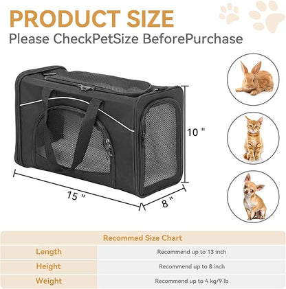 Petsfit Airline Approved Pet Carrier for Small Cats, 15x8x10 TSA Approved Carrier, with Removable Dual-Sided Padding (2-Way Placement) - Fits Under Most Airplane Seats, Escape Proof (Black)