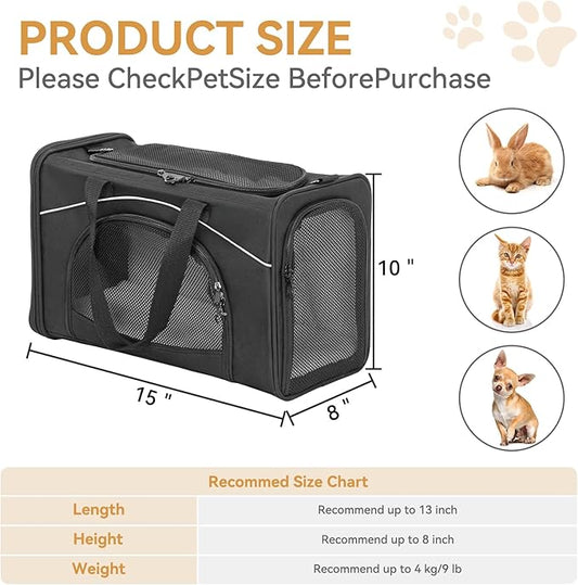 Petsfit Airline Approved Pet Carrier for Small Cats, 15x8x10 TSA Approved Carrier, with Removable Dual-Sided Padding (2-Way Placement) - Fits Under Most Airplane Seats, Escape Proof (Black)