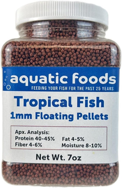 Aquatic Foods Inc. Tropical Fish 1mm - 1/32" Floating 40% Protein Pellets for Discus, Cichlids, Bettas, Guppies, Tetras, Live Bearers, Baby Koi, Smaller Tropical and Pond Fish...WL 7oz Sm Jar