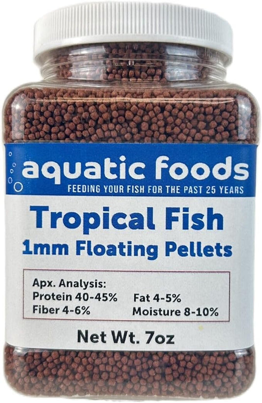Aquatic Foods Inc. Tropical Fish 1mm - 1/32" Floating 40% Protein Pellets for Discus, Cichlids, Bettas, Guppies, Tetras, Live Bearers, Baby Koi, Smaller Tropical and Pond Fish...WL 7oz Sm Jar