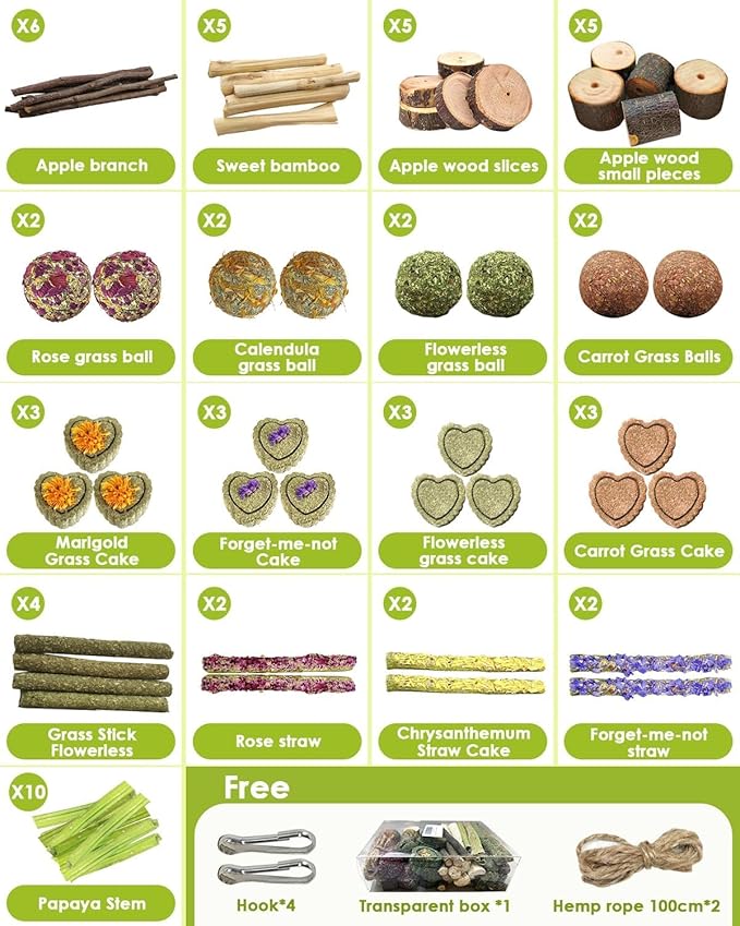 61Pcs DIY Rabbit Toys for Bunny Boredom Basket for Small Pets, Hanging Rodent Dental Toy with Papaya Stems Sweet Bamboo Hamsters, Chinchillas, Guinea Pigs (XL, Papaya stem)