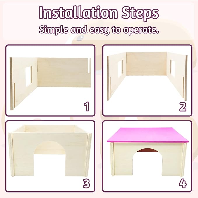 Fhiny Guinea Pig Wood House with Windows and Roof, Detachable Chinchilla Hut Hideout Hideaway Natural Hamster Habitat Decor for Hamsters Hedgehogs Squirrels or Other Small Animals (Random Color)