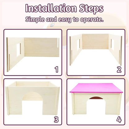 Fhiny Guinea Pig Wood House with Windows and Roof, Detachable Chinchilla Hut Hideout Hideaway Natural Hamster Habitat Decor for Hamsters Hedgehogs Squirrels or Other Small Animals (Random Color)
