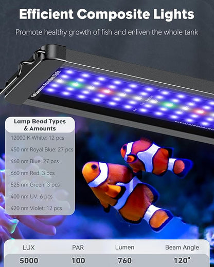 Pawfly 18W Saltwater Aquarium Light for 18" to 24" Fish Tanks Dimmable LED Reef Light for Coral Extendable Marine Fish Tank Light with Full Spectrum D/N Mode Timer Auto On/Off Adjustable Brightness