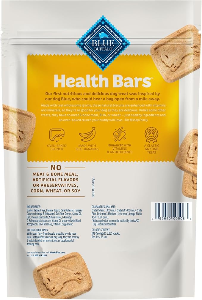 Blue Buffalo Health Bars Crunchy Dog Biscuits, Oven-baked Dog Treats Made with Natural Ingredients, Bananas & Yogurt, 16-oz Bag