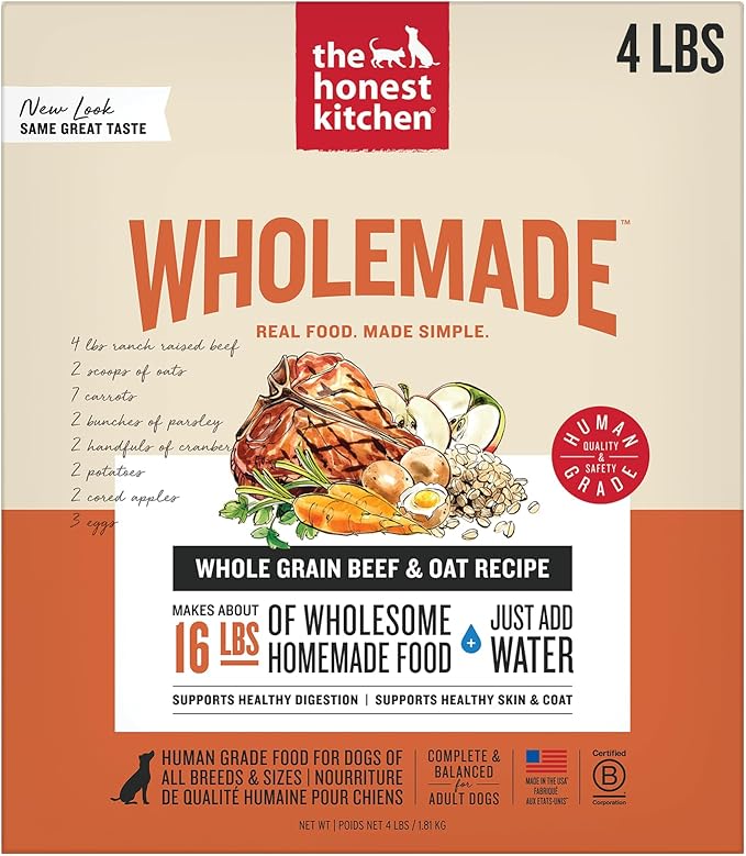 The Honest Kitchen Human Grade Dehydrated Whole Grain Dog Food – Complete Meal or Dog Food Topper – Beef 4 lb (makes 16 lbs)
