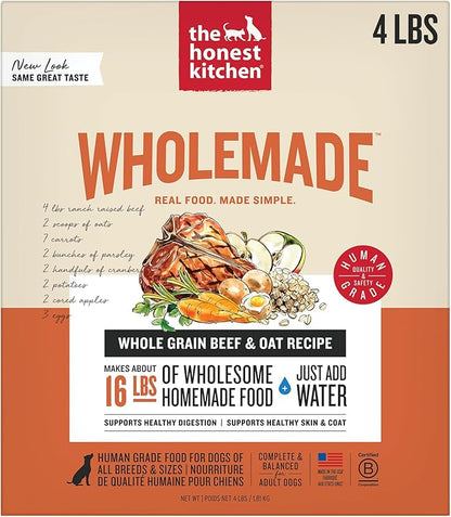 The Honest Kitchen Human Grade Dehydrated Whole Grain Dog Food – Complete Meal or Dog Food Topper – Beef 4 lb (makes 16 lbs)