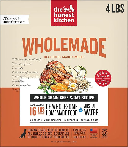 The Honest Kitchen Human Grade Dehydrated Whole Grain Dog Food – Complete Meal or Dog Food Topper – Beef 4 lb (makes 16 lbs)