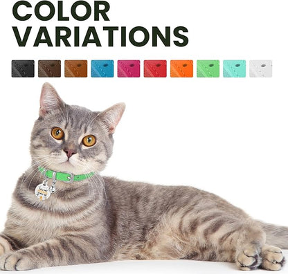 BRONZEDOG Leather Cat Collar with Removable Bells Non Breakaway Kitten QR Tag for Girl Boy (7" - 9" for Cats, Green & Silver)