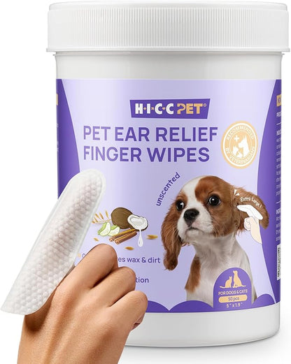 HICC PET Dog Ear Finger Wipes, Ear Cleaner Wipes for Dogs & Cats, Dog Ear Infection Treatment to Relief Itching & Inflammation, Remove Wax, Dirt & Stop Smelly, Non-Irritating, 50ct(Unscented)