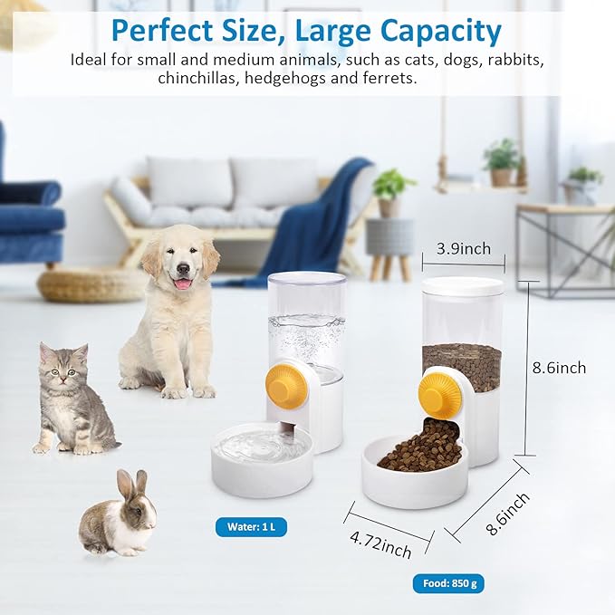 Pet Feeder Waterer Hanging Dog Cat Food Water Dispenser, Automatic Gravity Feeder Waterer Set for Cage Pets, Travel Food Water Bowl Rabbit Feeder for Ferret Small and Medium Animals, White