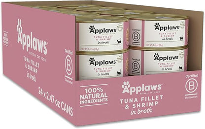 Applaws Natural Wet Cat Food, 24 Count, Limited Ingredient Canned Wet Cat Food, Tuna with Shrimp in Broth, 2.47oz Cans
