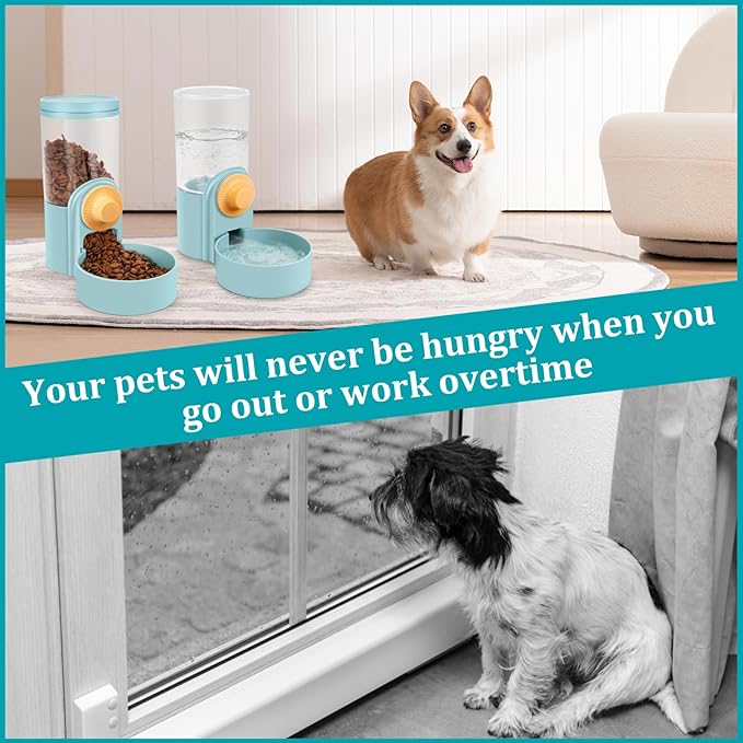 Pet Feeder Waterer Hanging Dog Cat Food Water Dispenser, Automatic Gravity Feeder Waterer Set for Cage Pets, Travel Food Water Bowl Rabbit Feeder for Ferret Small and Medium Animals, Blue