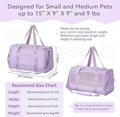 PETSFIT Soft-Sided Cat Carriers & Car Seats with Patent Safe Buckles, Clip-On Harness, 18"x11"x11" Airline Approved Pet Carrier - 9 lbs Capacity (Purple)