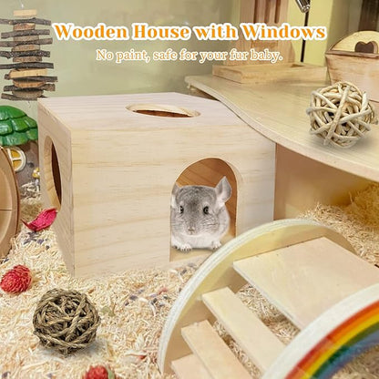 Fhiny Guinea Pigs Wood House Chinchilla Hut Hideout Natural Wood Multiple Doors Small Animal Chewing Molar Activity Toys Hamsters Habitat Cage for Hedgehog Squirrel Sugar Gliders