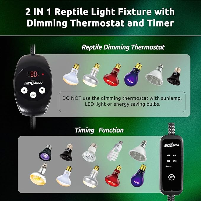 REPTI ZOO Dual Reptile Light Fixture with Dimming Thermostat and Timer, Deep Dome Lamp Fixture with Independent Reptile Dimming Thermostat Heat Bulb Temperature Controller and Timing Function