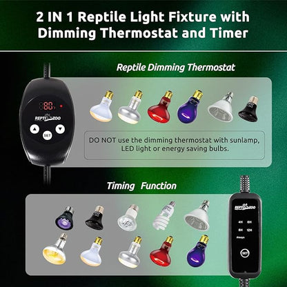 REPTI ZOO Dual Reptile Light Fixture with Dimming Thermostat and Timer, Deep Dome Lamp Fixture with Independent Reptile Dimming Thermostat Heat Bulb Temperature Controller and Timing Function