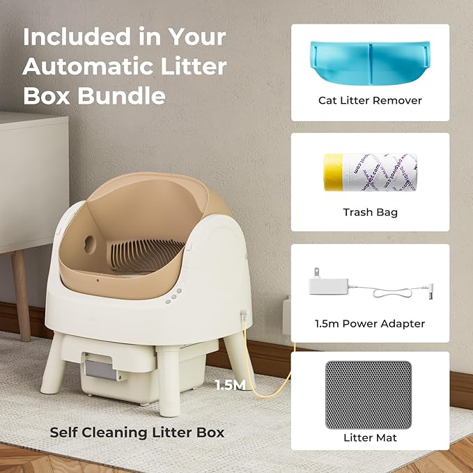 Self-Cleaning Automatic Cat Litter Box, with Open-Top Design, Included Safety Sensor and 10L Large Waste Bin, with Trash Bags and Litter Mat, Coffee Brown
