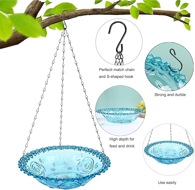 2 Pack Super Value Hanging Plastic Bird Baths and Feeders for Outdoors Bird Water Bowls and Seed Trays Set Attract Wild Birds Garden Yard Decor Gift (Blue)