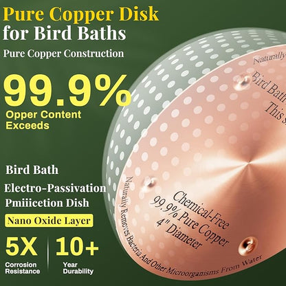 1 Pcs Bird Bath Copper Disk, 0.6mm Thick Reinforced 99.99% Pure Copper Birdbath Purification Disk, with 4 Point Support for Outdoor Birdbaths Bowls Cleaner, 4 Inch (Classic)