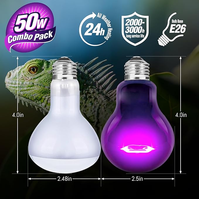 Leoterra 50w Reptile UVA Incandescent Basking Spot Light Bulbs and 50w Incandescent Night Black Heat Lamp Bulbs Combo Pack, for Bearded Dragon Snake Lizard Heating Lighting Use.120V E26 Base