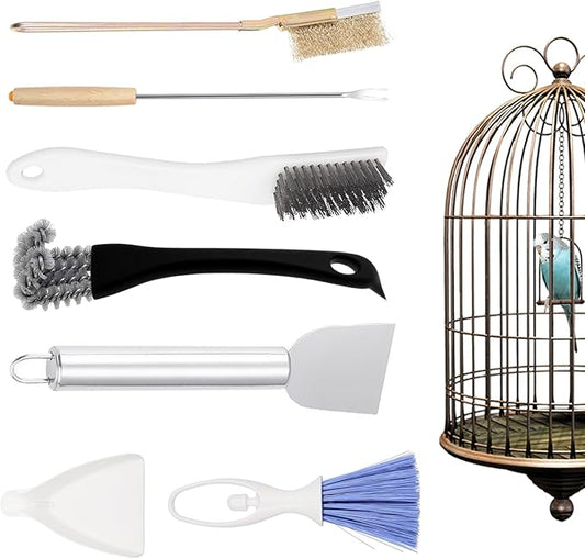 7-Piece Set Bird Cage Cleaner,Small Animal cage Cleaning Tool Wooden and Stainless Steel Cleaning Brush Long Handle Cleaning Brush Spatula Bird Cleaning Bird Drops Multipurpose Cleaning(B)