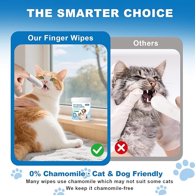 Dog Dental Finger Wipes, Teeth Cleaning Wipes for Dogs & Cats, Remove Plaque Tartar Stains, Freshen Breath, No-Rinse Toothbrush Alternative, Cat Dental Care Formula, Toothbrush-Like Texture, 50 Count