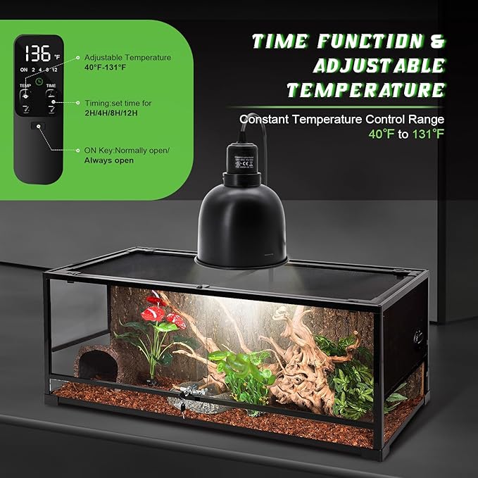5.5" Deep Dome Reptile Lamp Fixture with Thermostat Timer & Dual Controls, Heat-Resistant Ceramic Bulb Holder for Bearded Dragons, Snakes, Turtles & Geckos