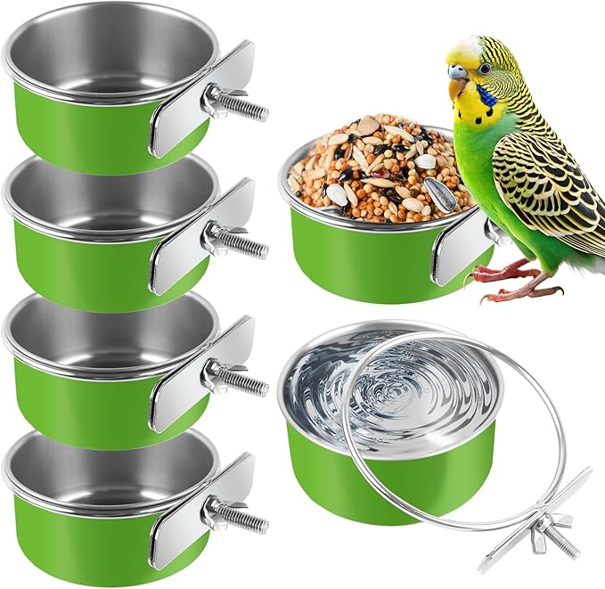 6 Pcs Stainless Steel Bird Bowls, Small Bird Food Dishes for Cage, Parrot Cage Feeder with Clamp Holder for Parakeet/Cockatiels/Conure/Budgies/Ferret/Small Animal