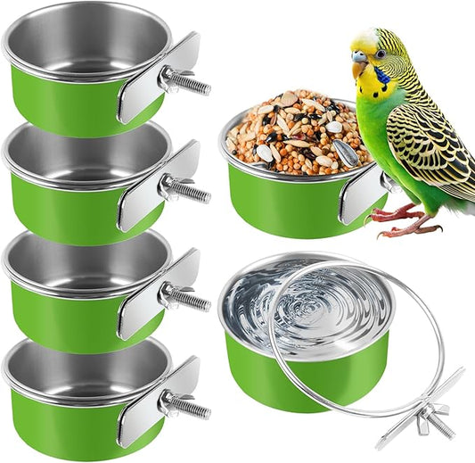 6 Pcs Stainless Steel Bird Bowls, Small Bird Food Dishes for Cage, Parrot Cage Feeder with Clamp Holder for Parakeet/Cockatiels/Conure/Budgies/Ferret/Small Animal