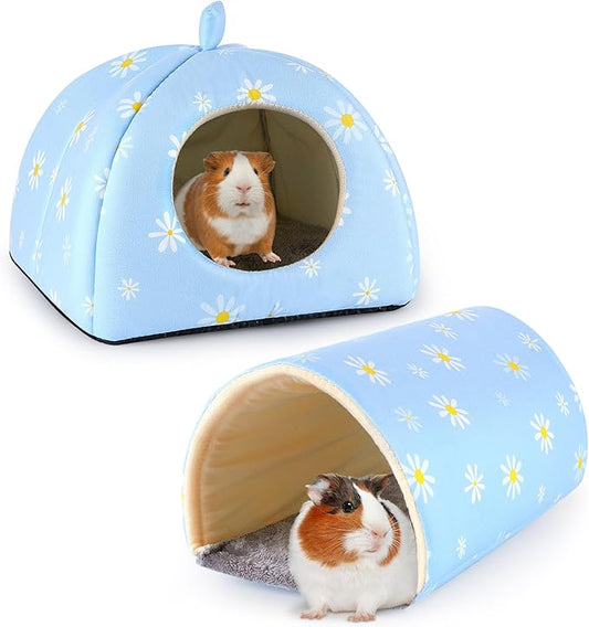 Bienbee Guinea Pig Hideout, Washable Rabbit Bed with Guinea Pig Tunnel, 2 Pack Guinea Pigs Toys Set Bunny Hideout Cage Accessories for Hamster Ferret Rabbits Bunny, Blue Daisy
