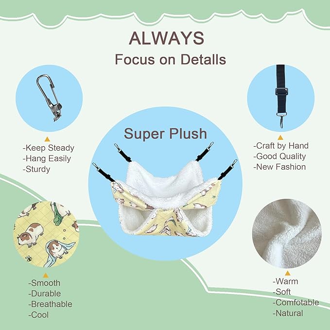 LUCKITTY Small Pet Hammock & Tunnel Set for Ferrets, Guinea Pigs, Rats - Plush Hideout Bed & Cage Toy, 2-Pack, Yellow Guinea Pig Print