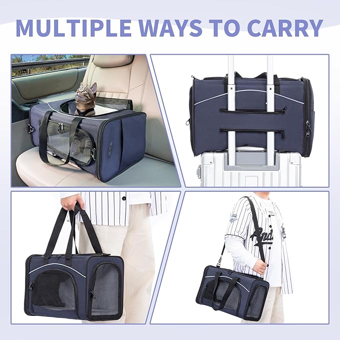 ‌Petsfit Airline Approved Pet Carrier for Small Cats, 15x8x10 TSA Approved Carrier, with Removable Dual-Sided Padding (2-Way Placement) - Fits Under Most Airplane Seats, Escape Proof (Navy)
