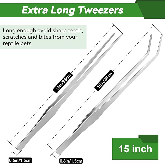 Long Tweezers for Aquarium 15 inch - 2 Pcs Stainless Steel Reptile Feeding Tongs, Curved and Straight Design with No Slip Tips,Terrarium Aquascape Tools Snake Bearded Dragon Tank Accessories