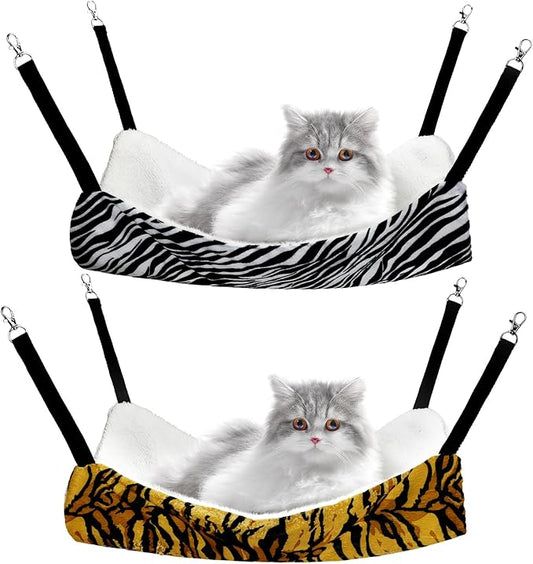 2 Pieces Reversible Cat Hanging Hammock Soft Breathable Pet Cage Hammock with Adjustable Straps and Metal Hooks Double Sided Hanging Bed for Small Dogs Rabbits(Zebra, Tiger Stripes,M)