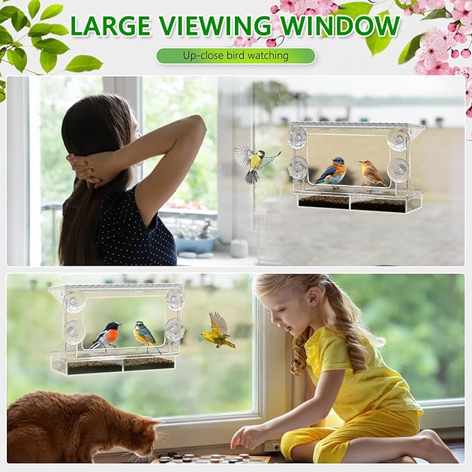 Window Bird Feeder for Outdoors with Strong Suction Cups, Acrylic Clear Window Bird Feeders for Viewing with Large Capacity Detachable Seed & Water Tray