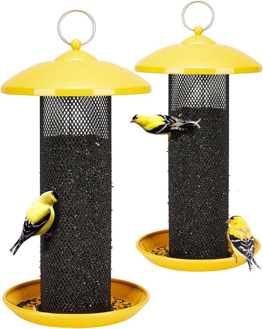 Kingsyard 2 Pack Metal Mesh Tube Bird Feeders for Outdoor Hanging, Finch Bird Feeder for Nyjer/Thistle Seed, 2.5 lbs Large Capacity (Yellow)