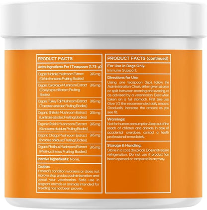 Happy Immunity USDA Certified Organic Mushroom Complex for Dogs, Organic Cordyceps Shiitake Reishi, Vegan Mushroom Blend Powder Canine Supplement, Advanced Mushroom Mix, Non-GMO, 3.5 oz