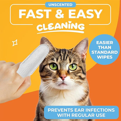 Dog & Cat Ear Cleaner Wipes – Pet Finger Wipes for Cats & Dogs – Cleaning, Soothing, & Deodorizing Itchy Ears – Ear Relief Solution Wash (Unscented)