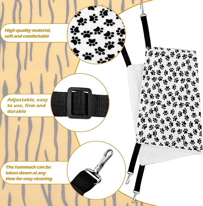 2 Pieces Reversible Cat Hanging Hammock Soft Breathable Pet Cage Hammock with Adjustable Straps and Metal Hooks Double Sided Hanging Bed for Small Dogs Rabbits(Zebra and Cat Paw Print,M)