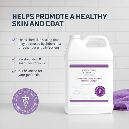 Veterinary Formula Clinical Care Antiparasitic & Antiseborrheic Medicated Dog Shampoo, 128oz – Help Alleviate Your Dog's Flaky Skin and Coat – Paraben, Dye, Soap Free