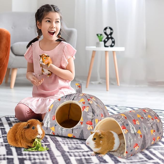 Bienbee Guinea Pig Hideout, Washable Rabbit Bed with Guinea Pig Tunnel, 2 Pack Guinea Pigs Toys Set Bunny Hideout Cage Accessories for Hamster Ferret Rabbits Bunny,Gray Mushroom
