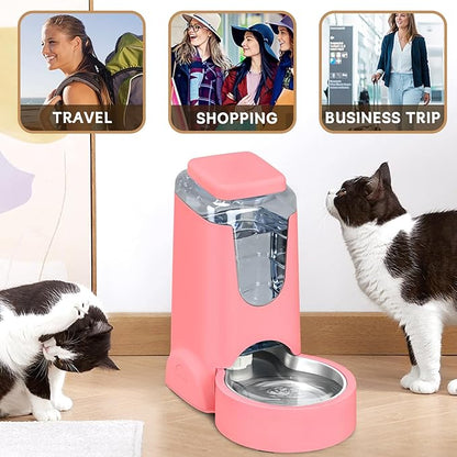 Automatic Cat Feeder and Water Dispenser with Stainless Steel Bowl Dog Gravity Food Feeder and Waterer for Small Medium Pets Puppy Kitten 1 Gallon x 2