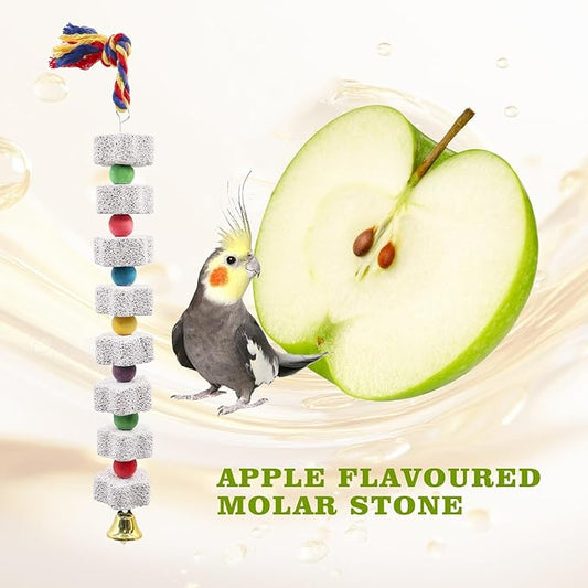 2 Pack Bird Beak Grinding Stone with Apple Scent, Large Parrot Chewing Calcium Stone Toy with Bells, Bird Cage Accessories, Suitable for Cockatiel Parakeet Parrot Budgies Rat Hamster Chinchilla Rabbit