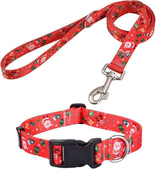 Christmas Dog Collar and Leash Set - Premium Adjustable Dog Collar for Small Medium Large Dogs (Christmas Set,L)