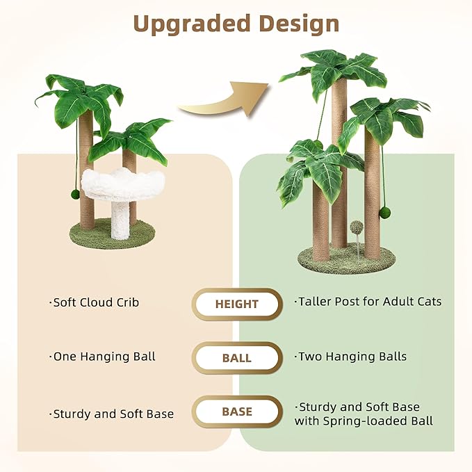 Cat Scratching Post 31.5" Palm Tree Cute Cat Tree with 3 Scratching Poles Sisal Hanging Balls Cat Scratcher for Kitten and Adult Cats