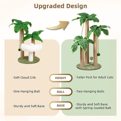 Cat Scratching Post 31.5" Palm Tree Cute Cat Tree with 3 Scratching Poles Sisal Hanging Balls Cat Scratcher for Kitten and Adult Cats