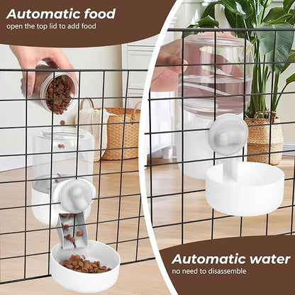Hanging Cage Automatic Food Water Dispenser with Separate 1.3L Food Bowl and 0.9L Waterer, Kennel Gravity Pet Feeder Set Crate Auto Feeder Dish for Small Pets Cat Puppy Ferret Bunny Guinea Pig
