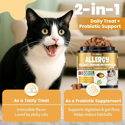 Cat Allergy Relief for Cats, Crunchy & Creamy Chews for Immune & Skin Coat Support – Seasonal Allergies, Itching Relief, Omega 3 & Probiotic Natural Supplement for Cats, Chicken Flavor – 500 Chews